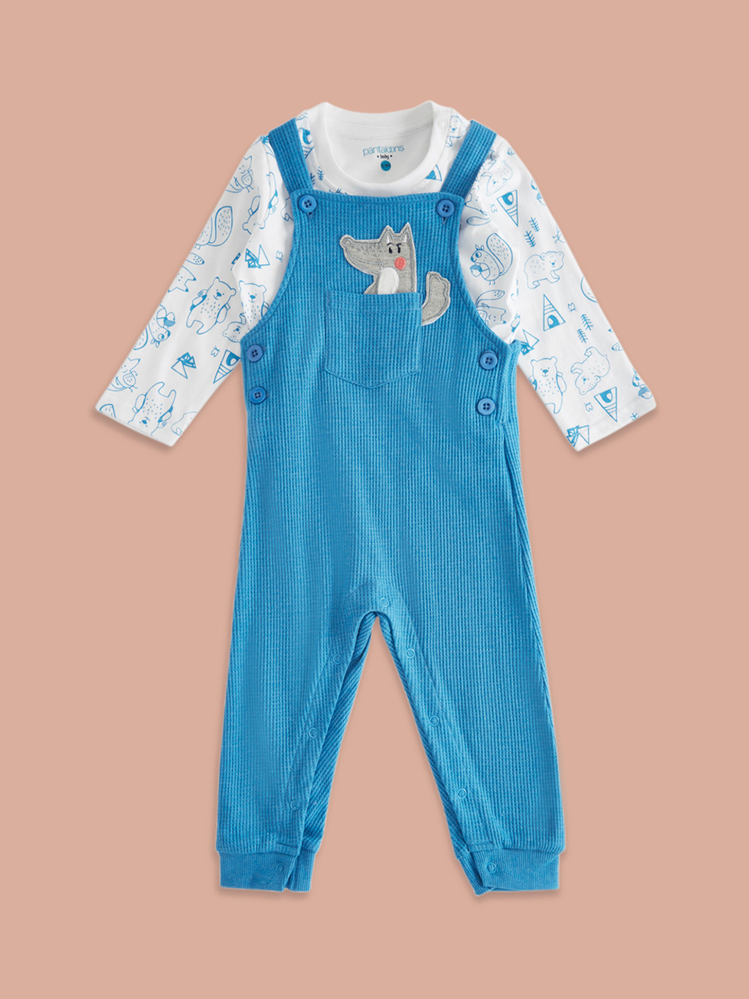 Pantaloons Baby Boys Cotton Animal Graphics Printed Straight Leg Fit Dungaree With T-Shirt