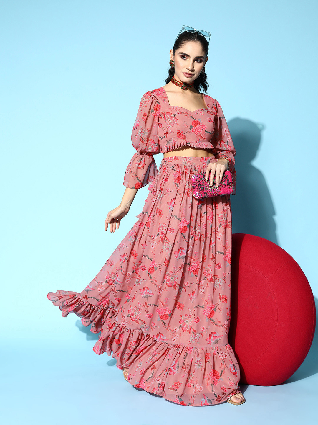 Inddus Women Printed Ruffles & Flounces Top With Skirt