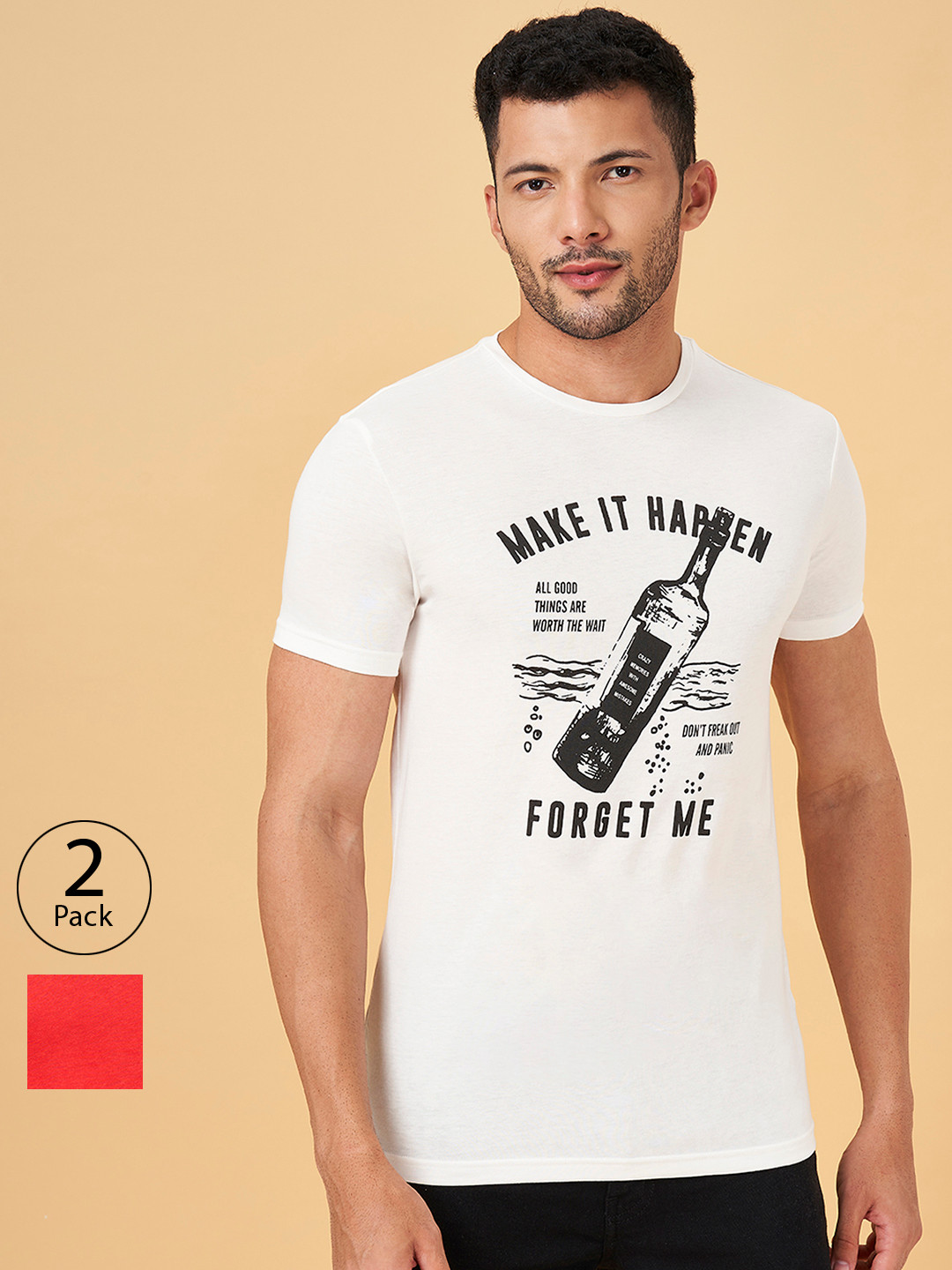 People Men Pack Of 2 Typography  Printed Slim Fit Cotton T-shirt