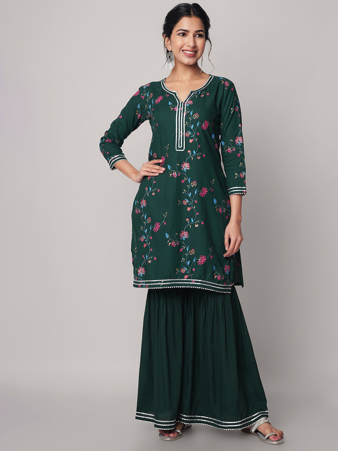 God Bless Women Green Floral Printed Kurta with Sharara & Dupatta