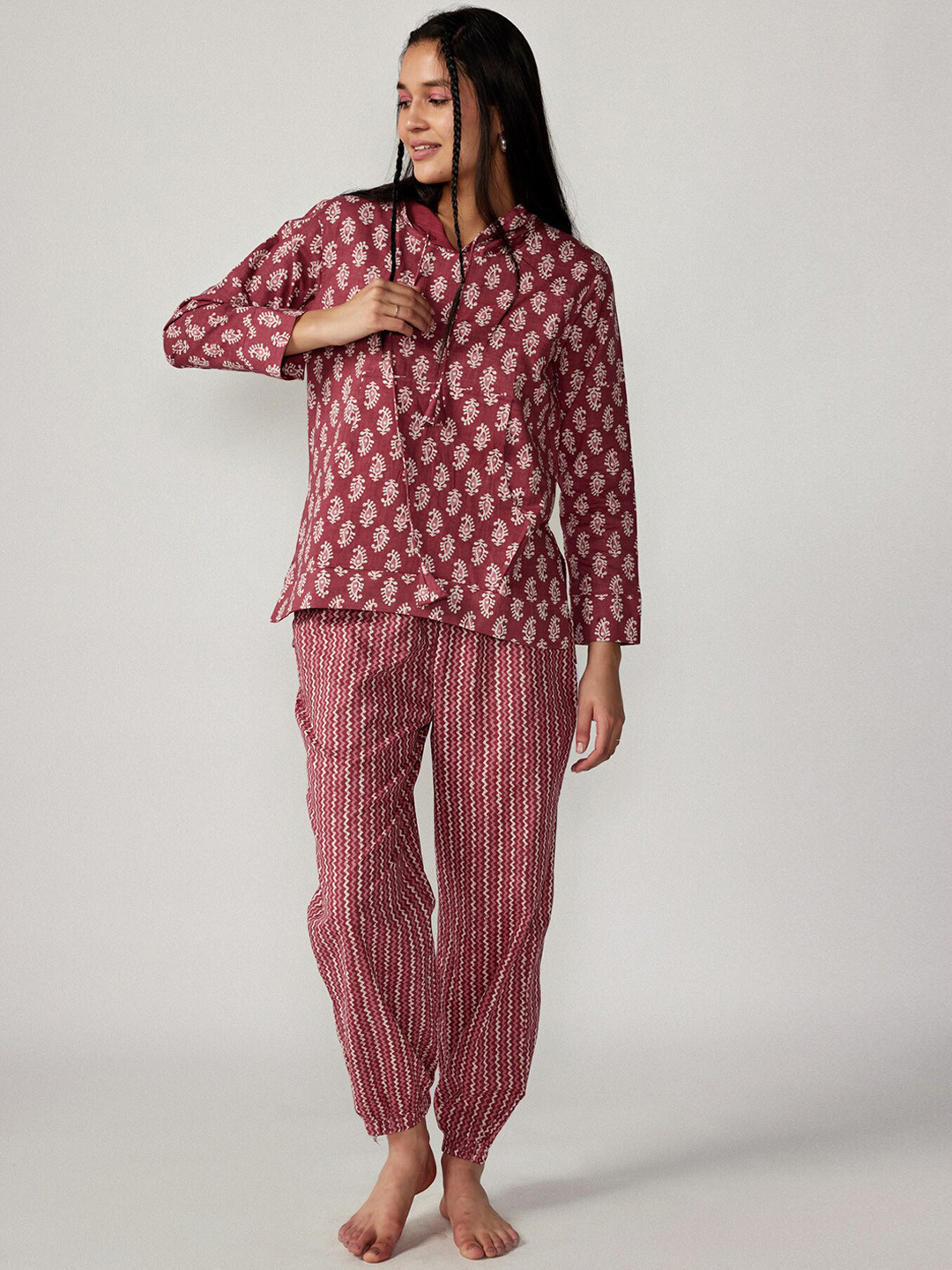 JISORA Women Printed Pure Organic Printed Cotton Hooded Co-Ords