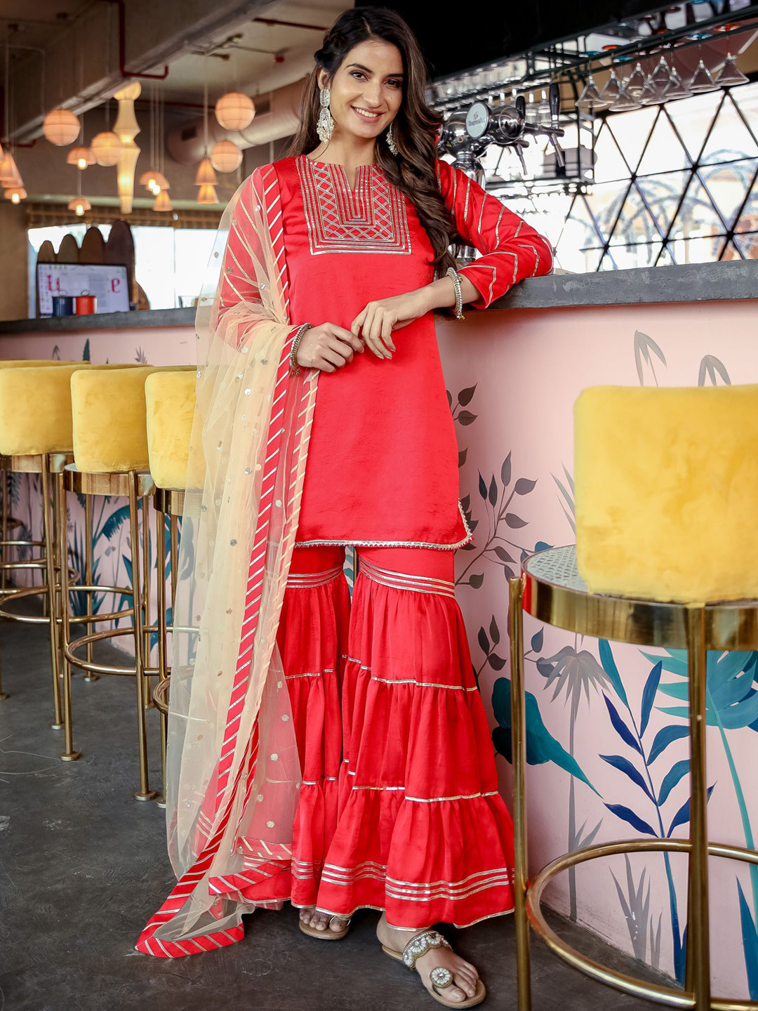 Lavanya The Label Yoke Design Round Neck Pure Cotton Kurti with Sharara & Dupatta