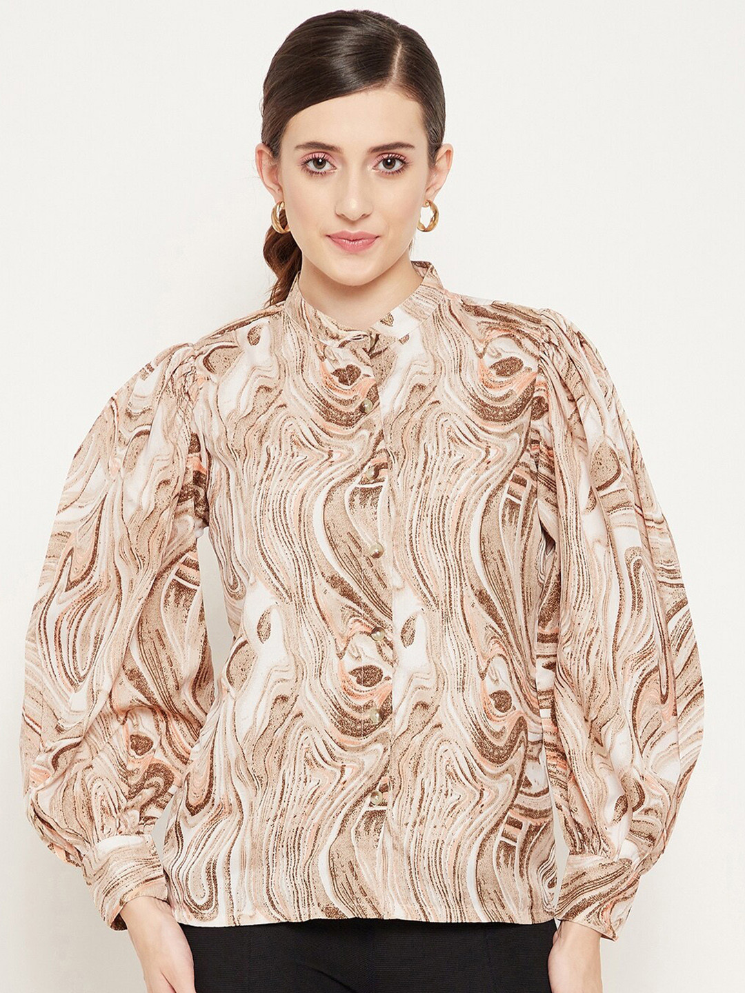 Bitterlime Puff Sleeve Printed Casual Shirt