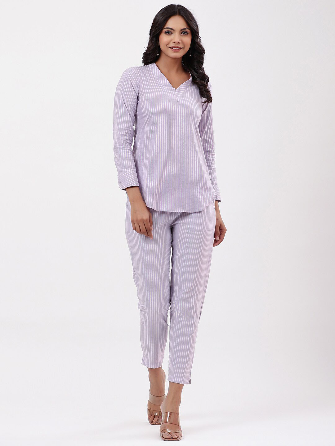 Fabriko Women Blue Striped Smart Flared Pure Cotton High-Rise Trousers