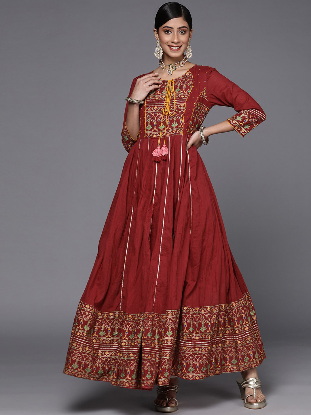 KSUT Printed Thread Work Anarkali Cotton Kurta