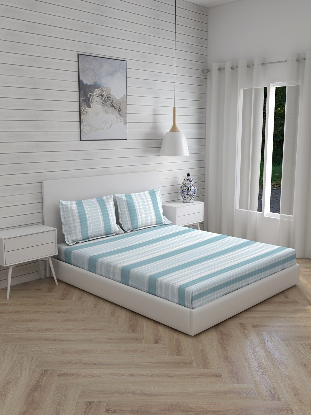 Boutique Living India Blue Striped 225 TC Super King Bedsheet with 2 Pillow Covers