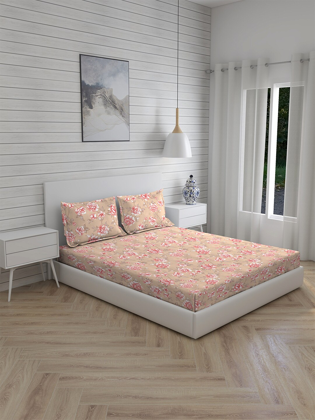 Boutique Living India Beige Floral 300 TC Cotton Super King Bedsheet with 2 Pillow Covers