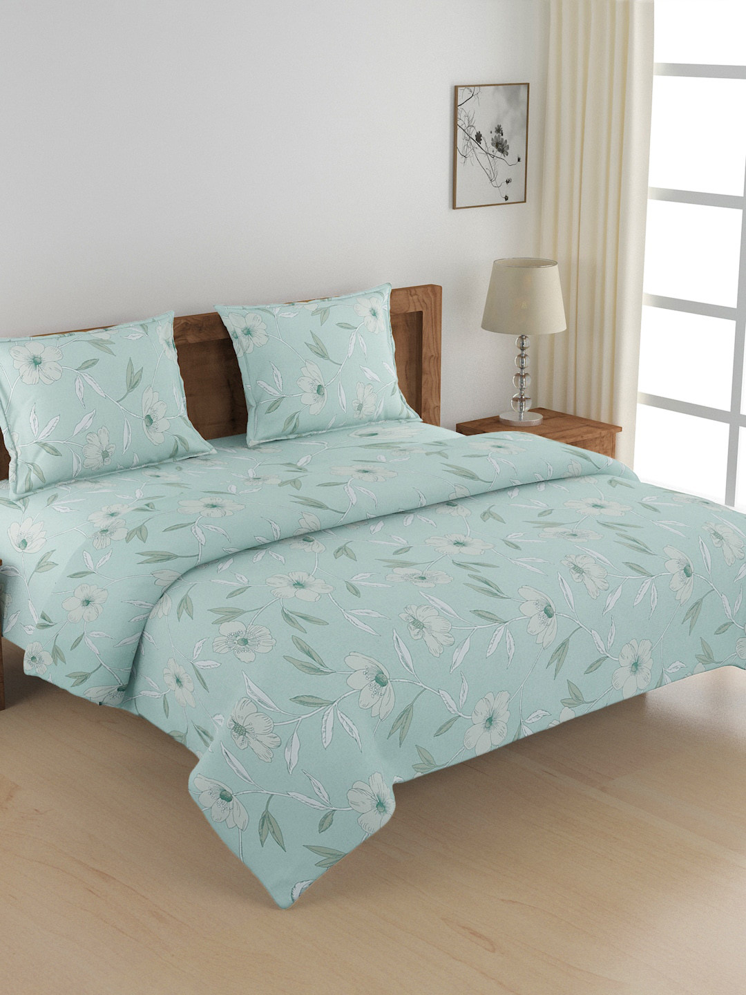 SWAYAM Teal Blue Printed Double King Cotton Bedding Set