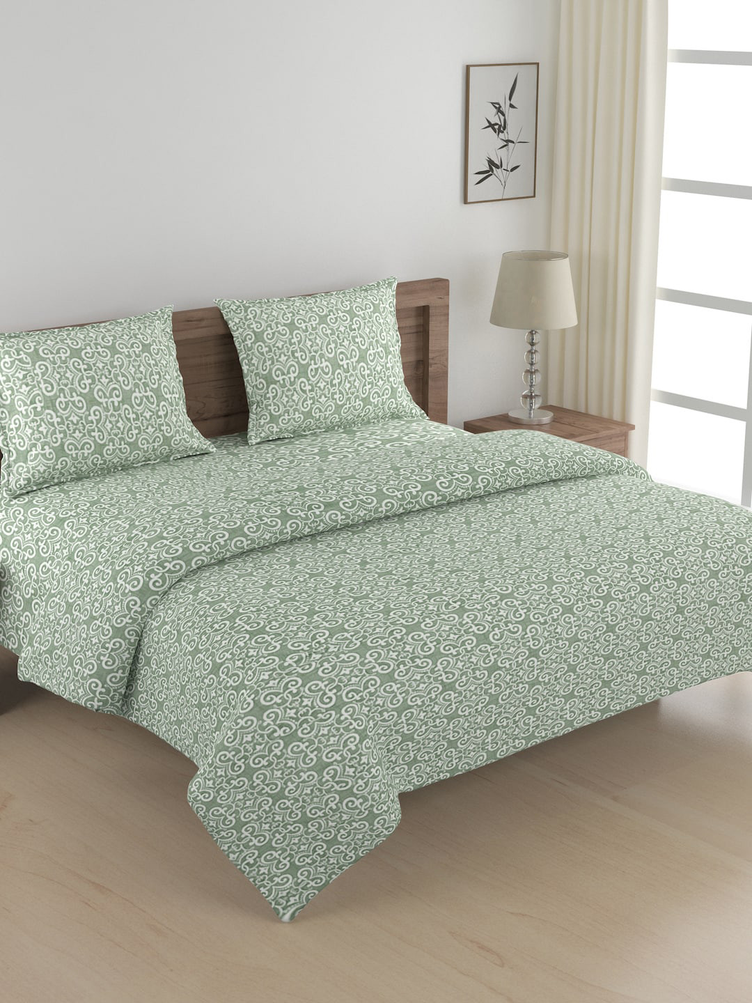 SWAYAM Green & White Geometric Printed Cotton Bedding Set