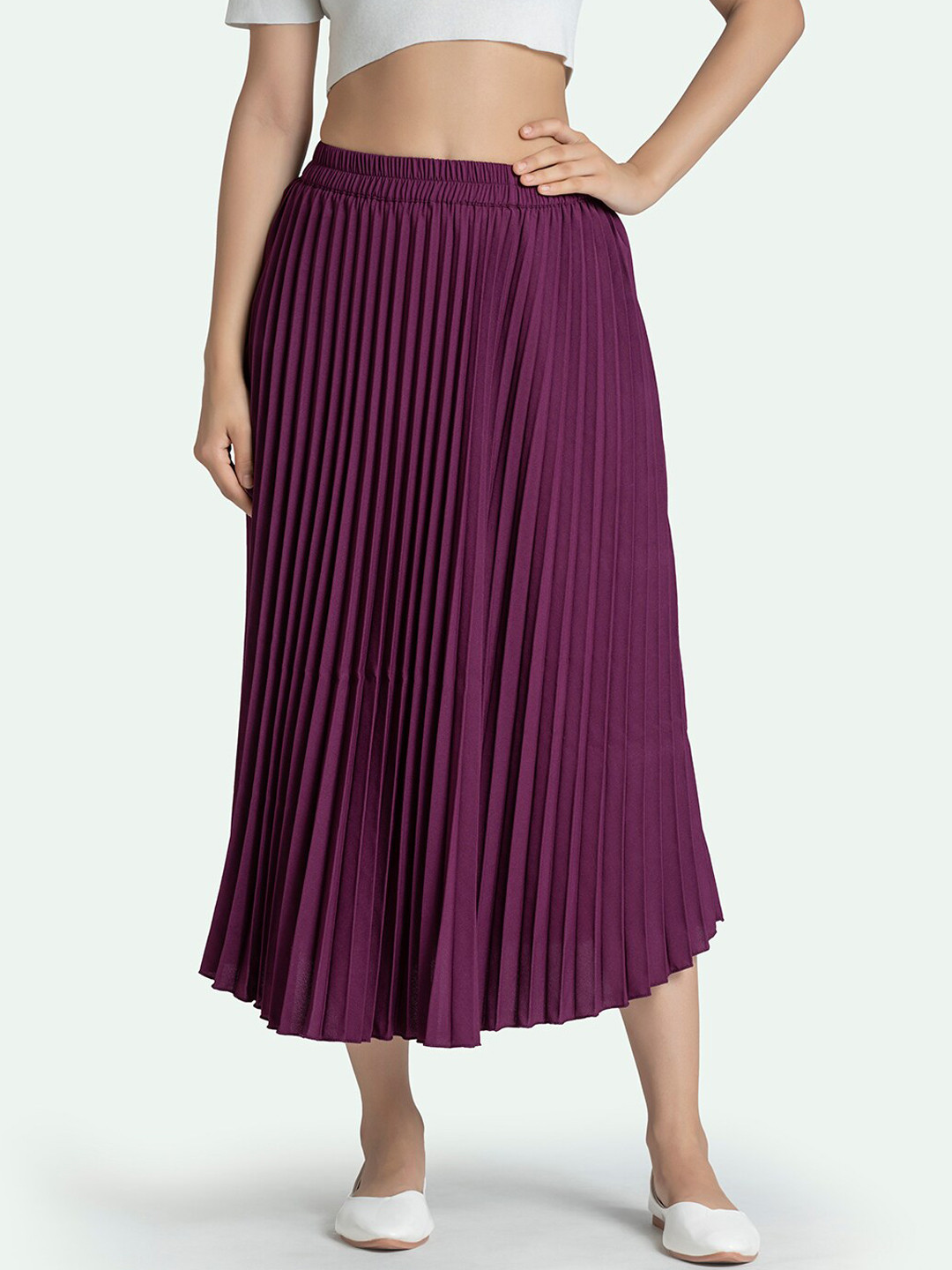 AASK Women Solid Pleated Polyester Midi Skirt