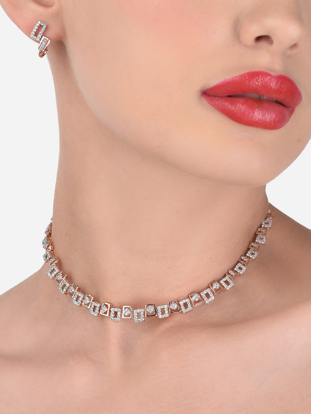 Zaveri PearlsContemporary Rose Gold-Plated CZ Stone-Studded Jewellery Set