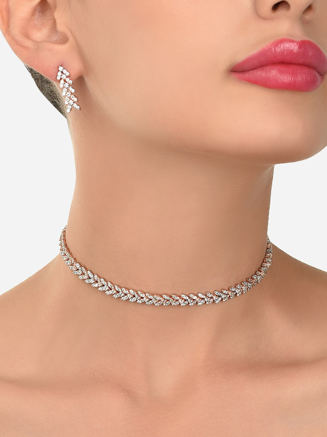 Zaveri Pearls Rose Gold-Plated CZ-Studded Two Tone Dazzling Contemporary Jewellery Set