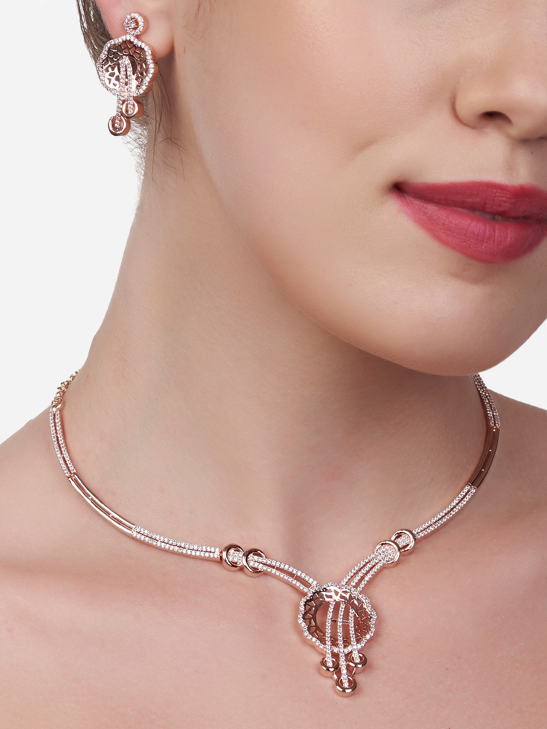 Zaveri Pearls Contemporary Rose Gold-Plated CZ Stone-Studded Party Bling Jewellery Set