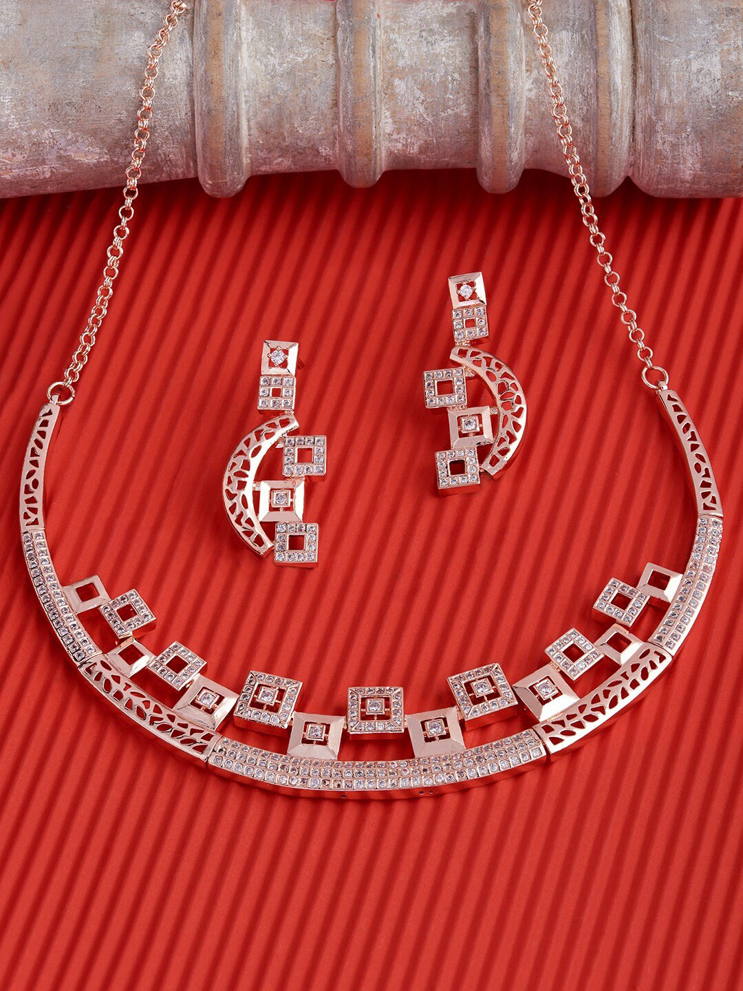 Zaveri Pearls Bling Designer Rose Gold-Plated CZ Stone-Studded Jewellery Set