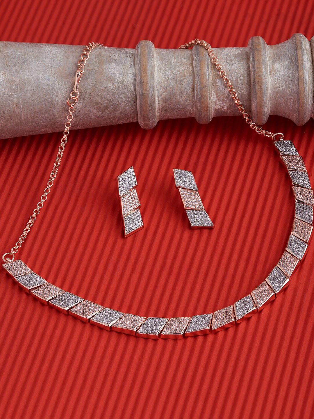 Zaveri PearlsRose Gold-Plated CZ Stones Studded Jewellery Set