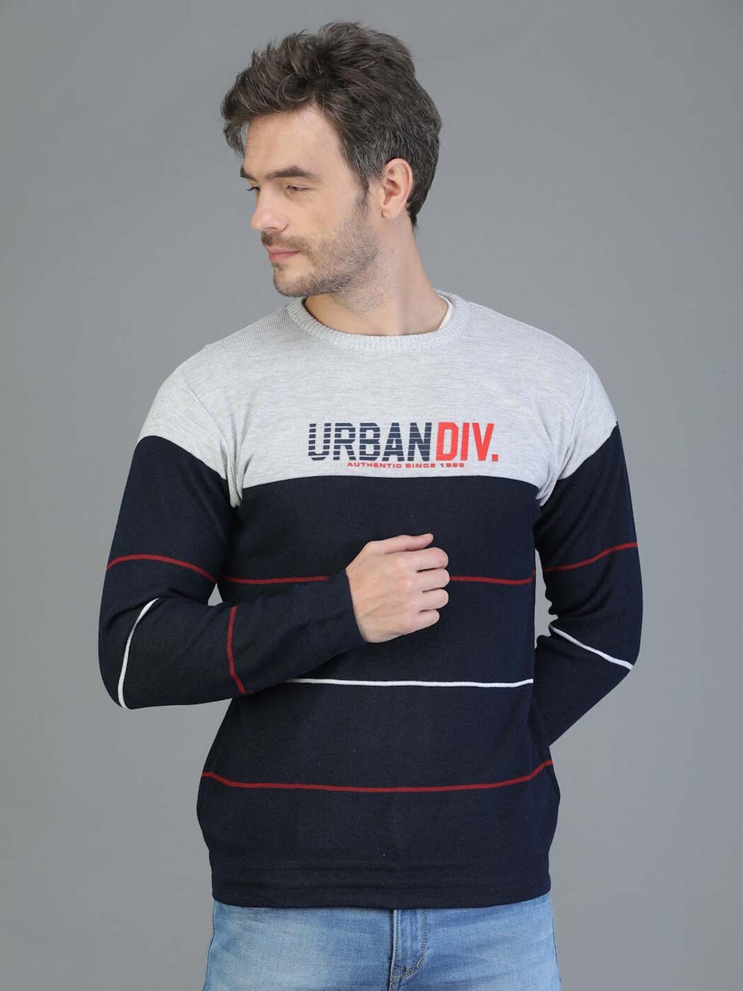 TQS Men Navy Blue CottonStriped Sweatshirt