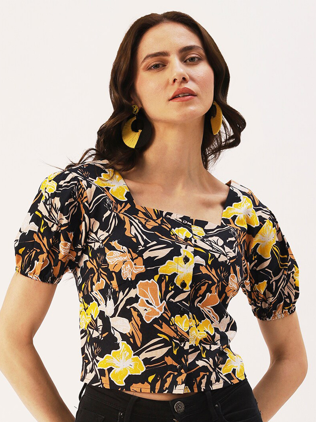 DressBerry Black & Yellow Floral Print Top