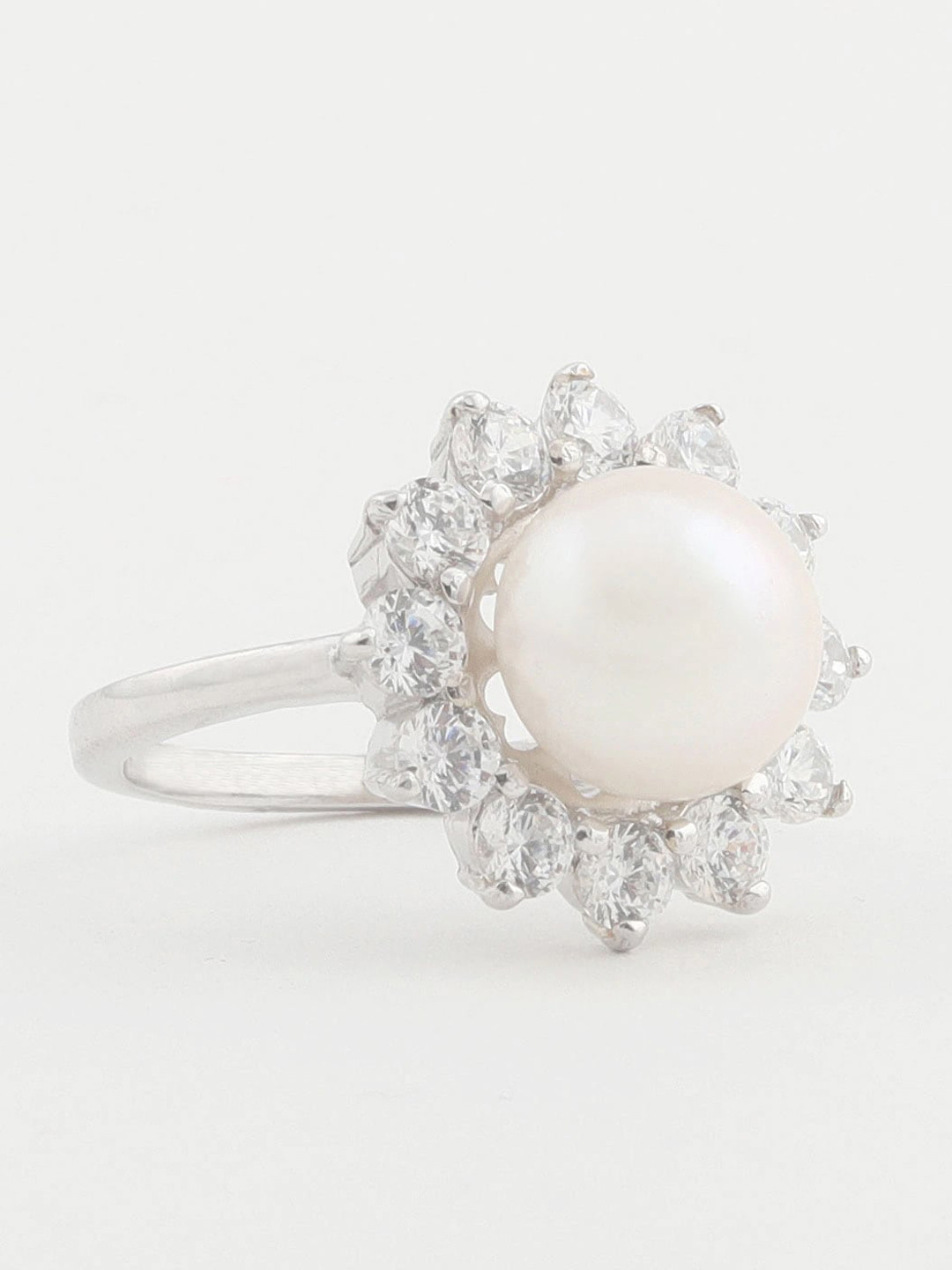 Clara Women 925 Sterling Silver & Rhodium-Plated CZ-Studded Pearl Beaded Finger Ring