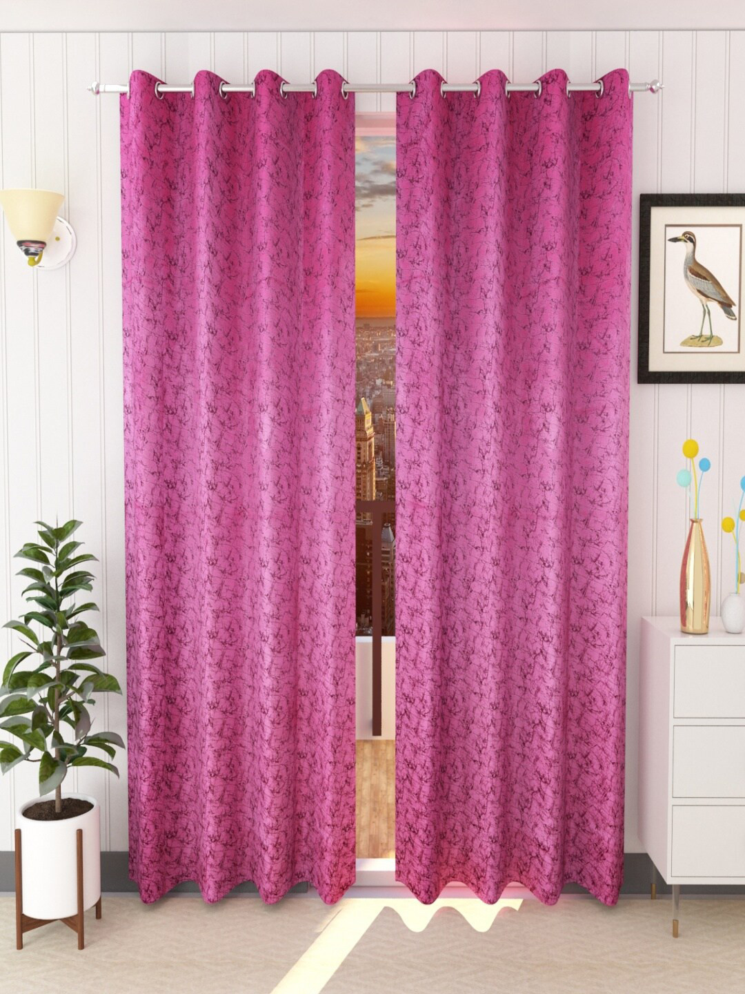 Homefab India Pink & Purple Set of 2 Room Darkening Door Curtains 7 Feet