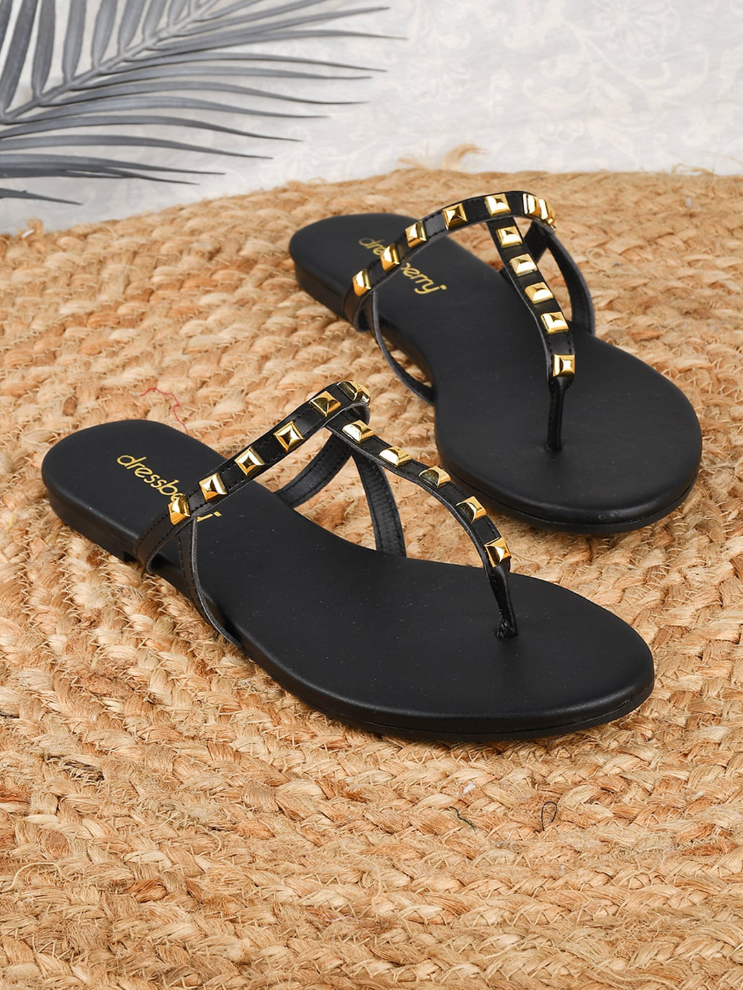 DressBerry Black Embellished T-Strap Flats