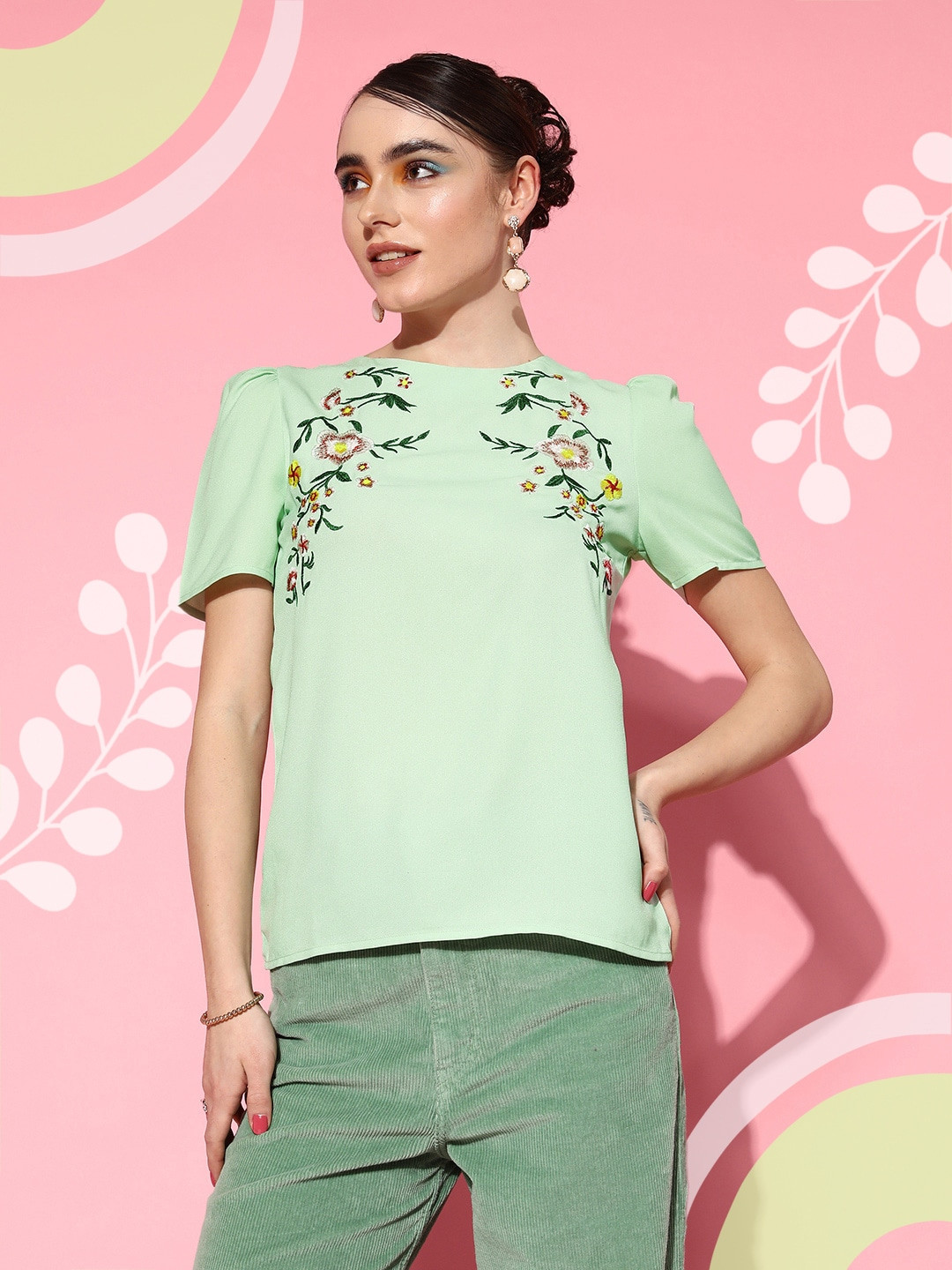 Berrylush Women Floral Print Embroidered Puff Sleeves Crepe Top