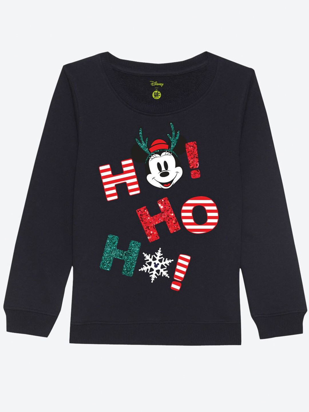 YK Disney Girls Black Cotton Christmas Minnie Glitter Effect Printed Sweatshirt