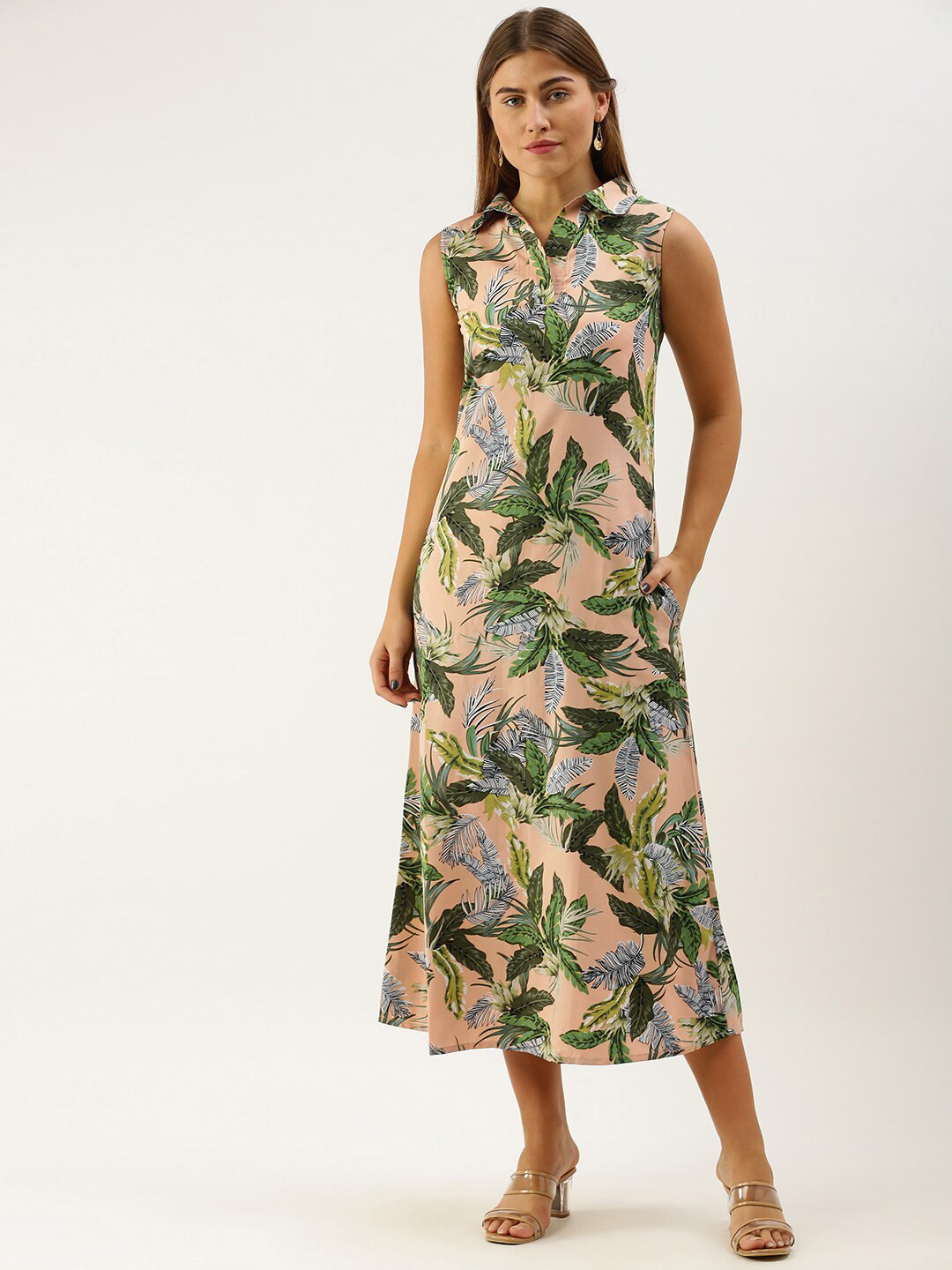 DODO & MOA Beige Green Tropical Print Midi Dress