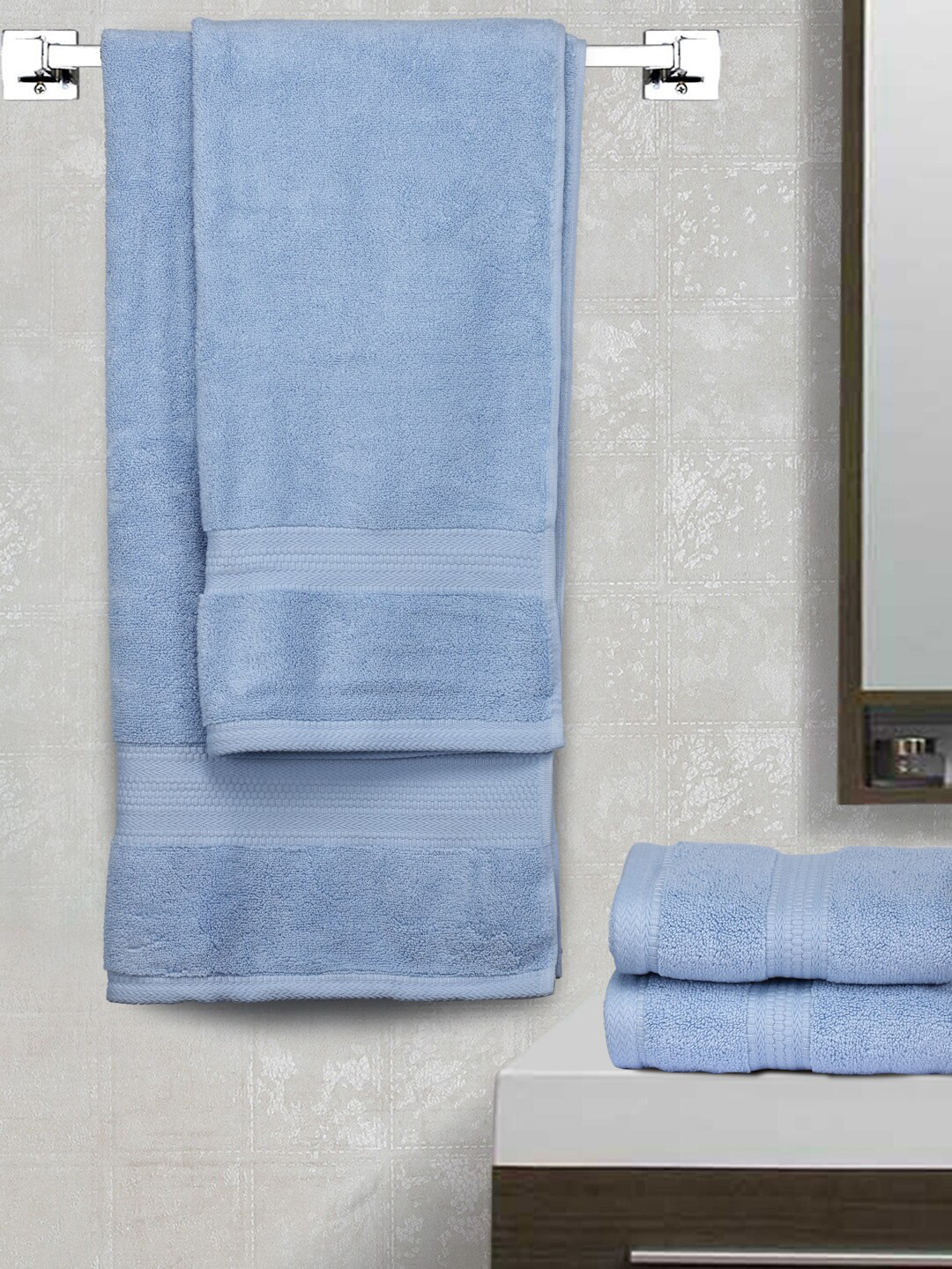 BOMBAY DYEING Super Ultrx Zero Tuest Blue Set Of 4 650 GSM Soft & Durable Cotton Towel Set