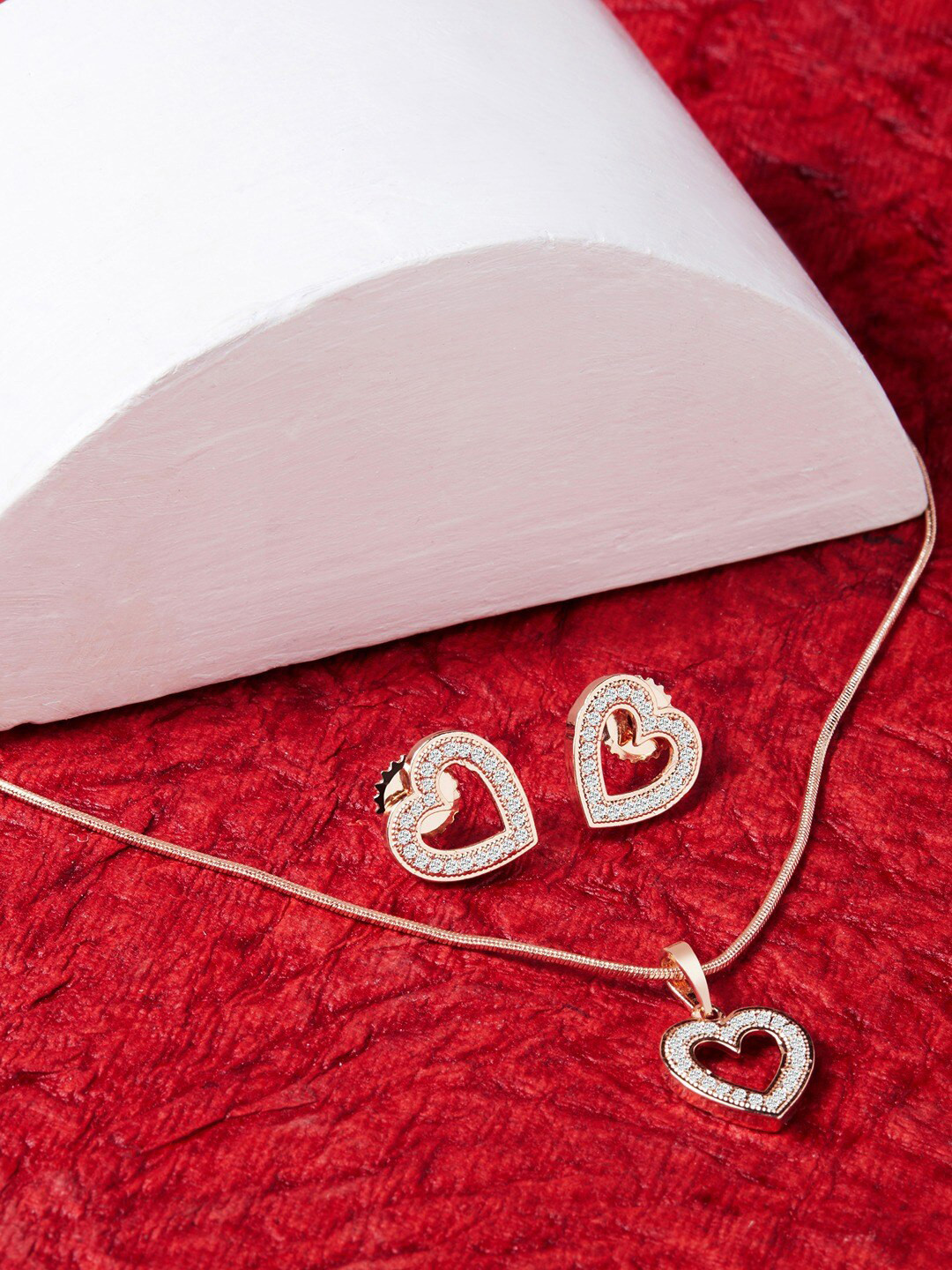 AMI Rose Gold-Plated CZ-Studded Contemporary Hollow Heart Jewellery Set