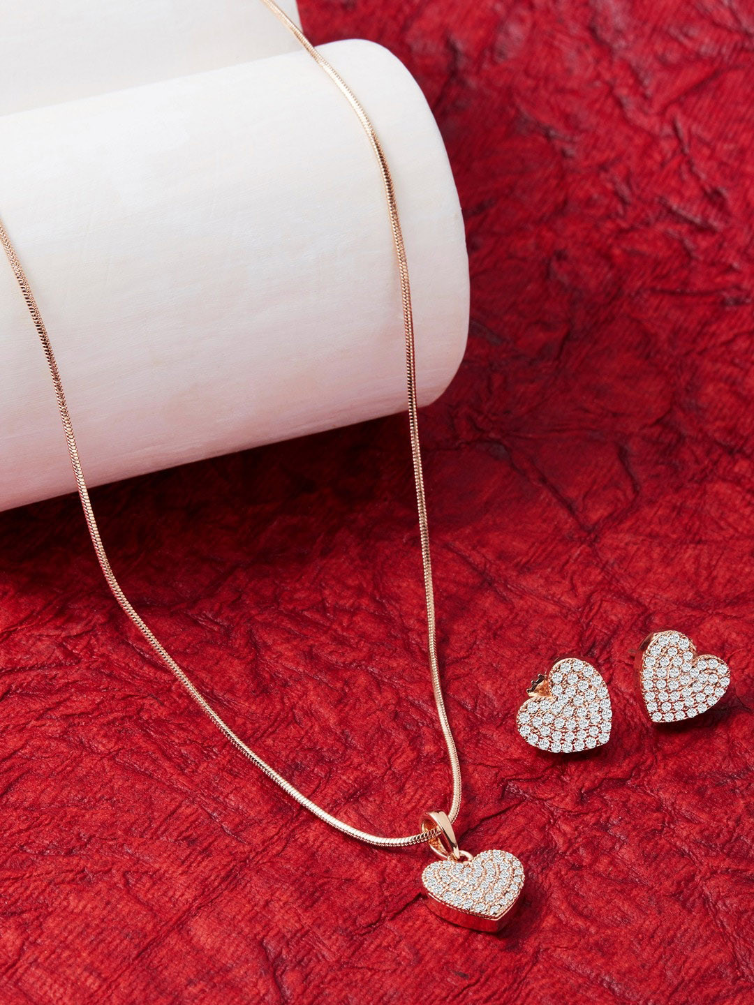 AMI Rose Gold-Plated CZ-Studded Contemporary Heart Jewellery Set
