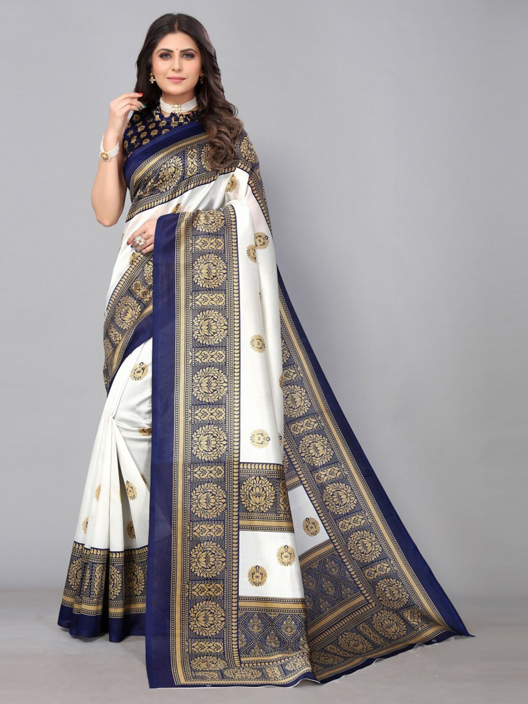 KALINI White & Navy Blue Ethnic Motifs Art Silk Saree