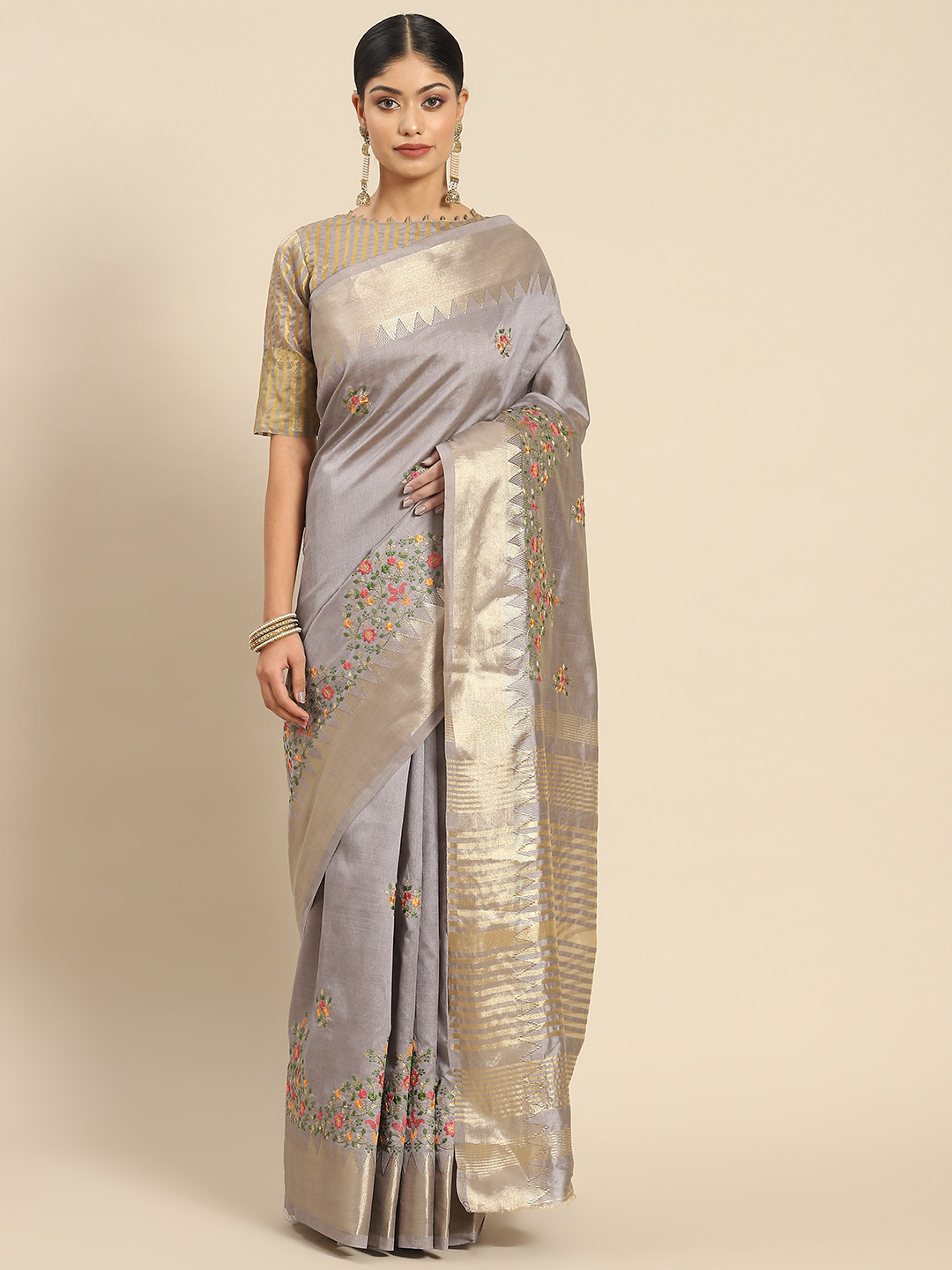 SERONA FABRICS Floral Embroidered Silk Cotton Mysore Silk Saree