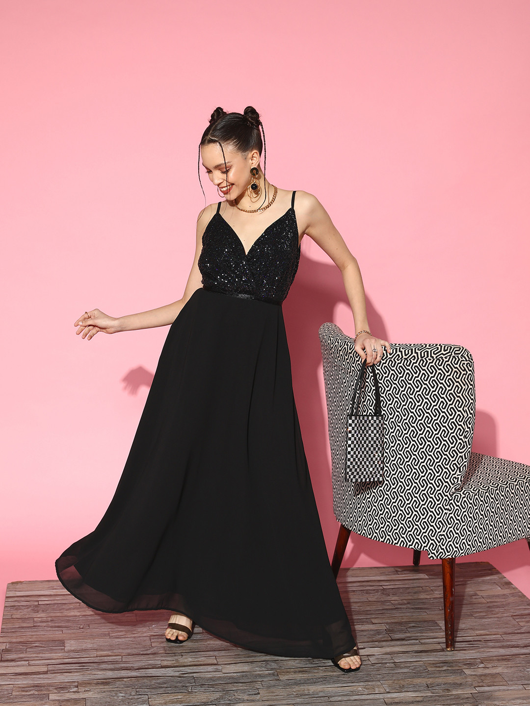 Berrylush Black Embellished Net Gown