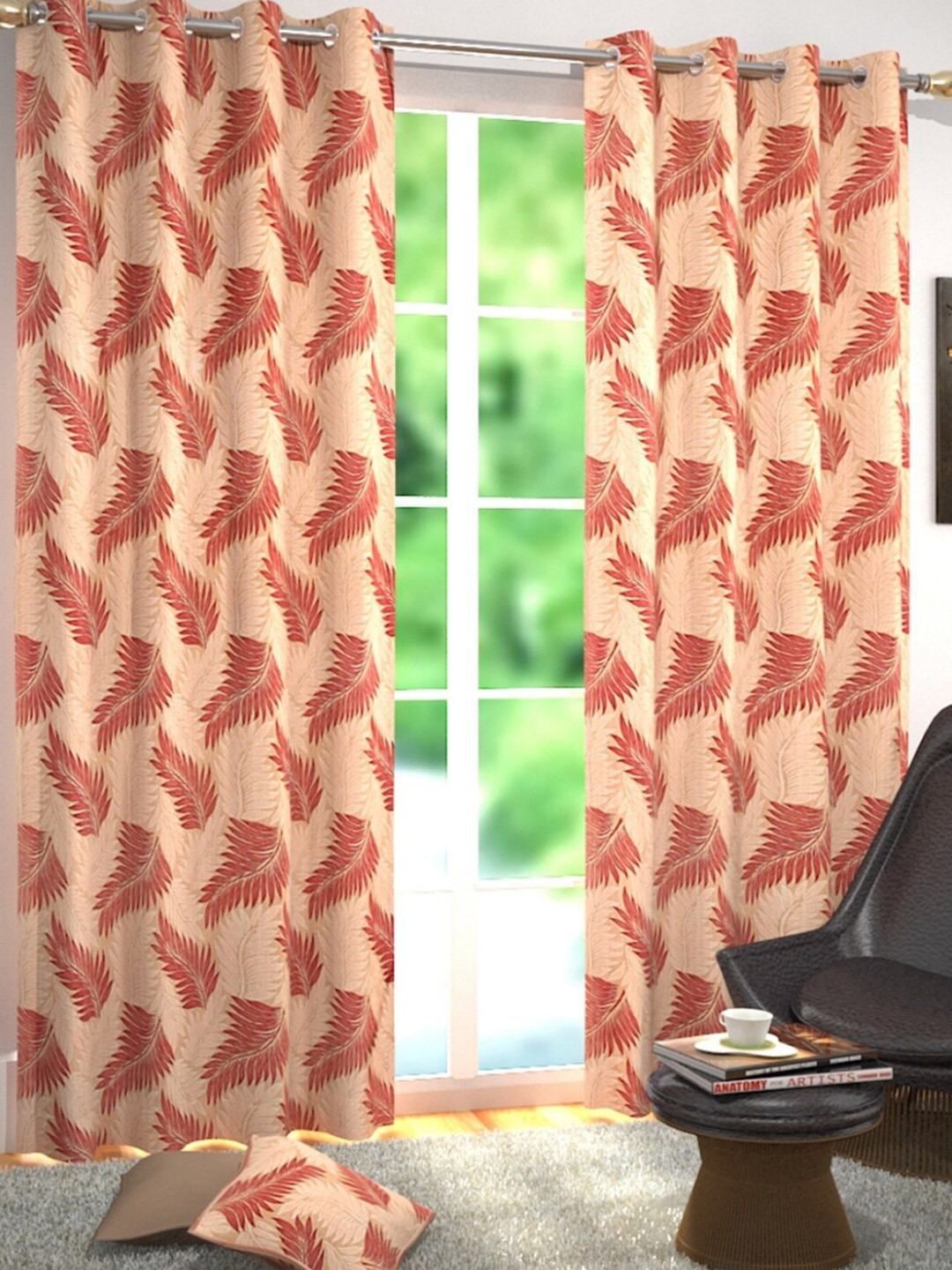 Homefab India Maroon & Beige Set of 2 Window Curtains 5 Feet
