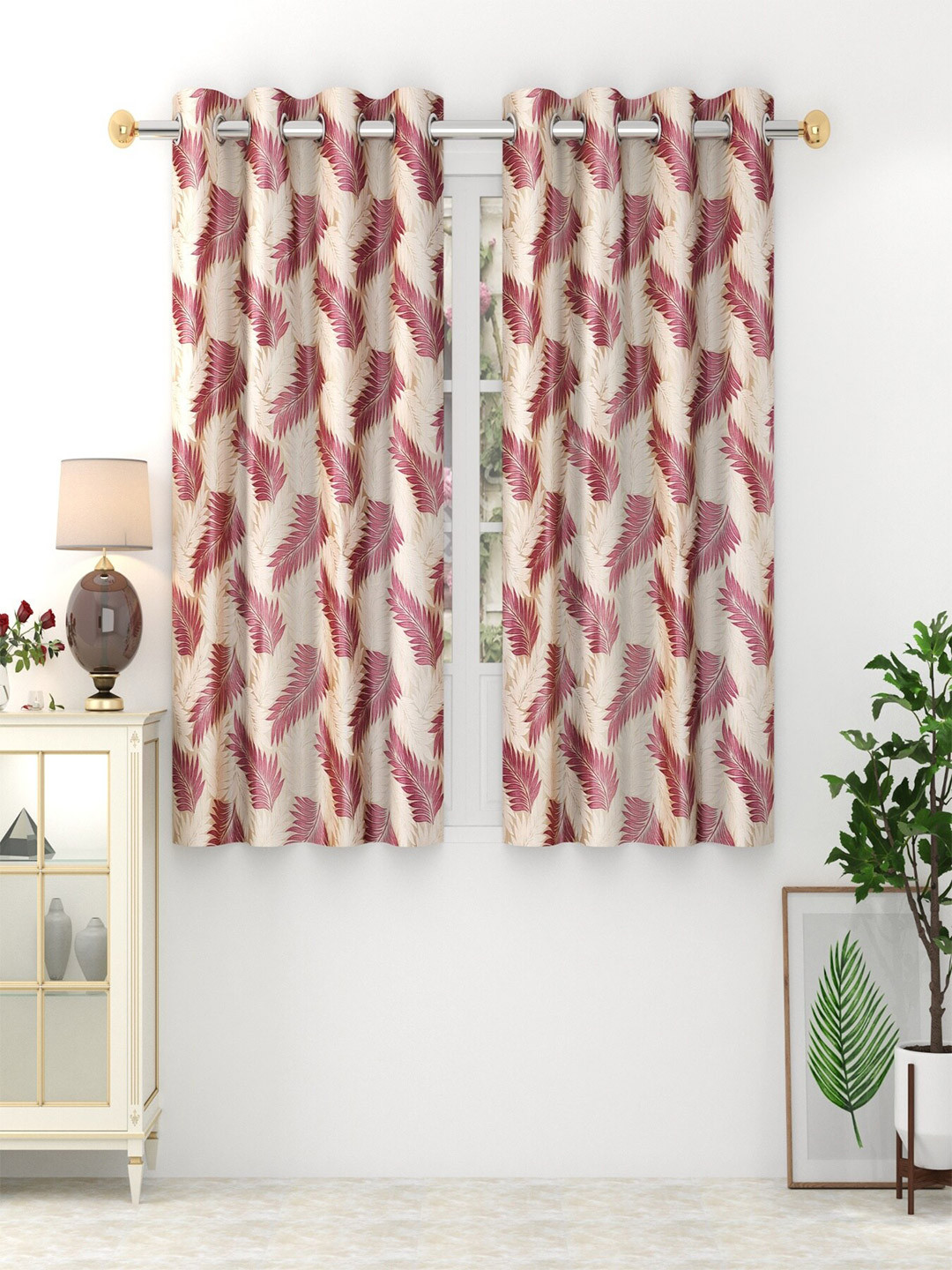 Homefab India Burgundy & Cream Set of 2 Window Curtains 5 Feet