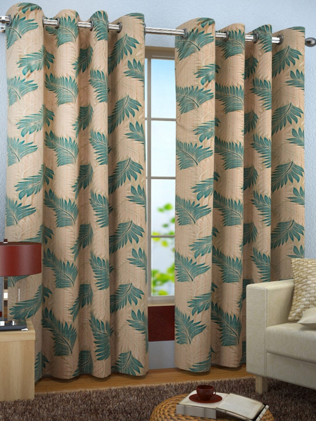 Homefab India Turquoise Blue & Copper-Toned Set of 2 Window Curtains 5 Feet