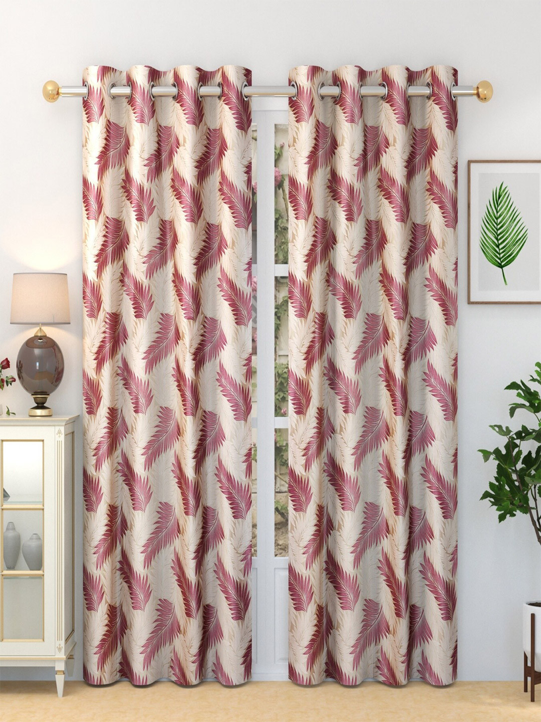 Homefab India Burgundy & Cream-Coloured Set of 2 Printed Long Door Curtains 9 Feet