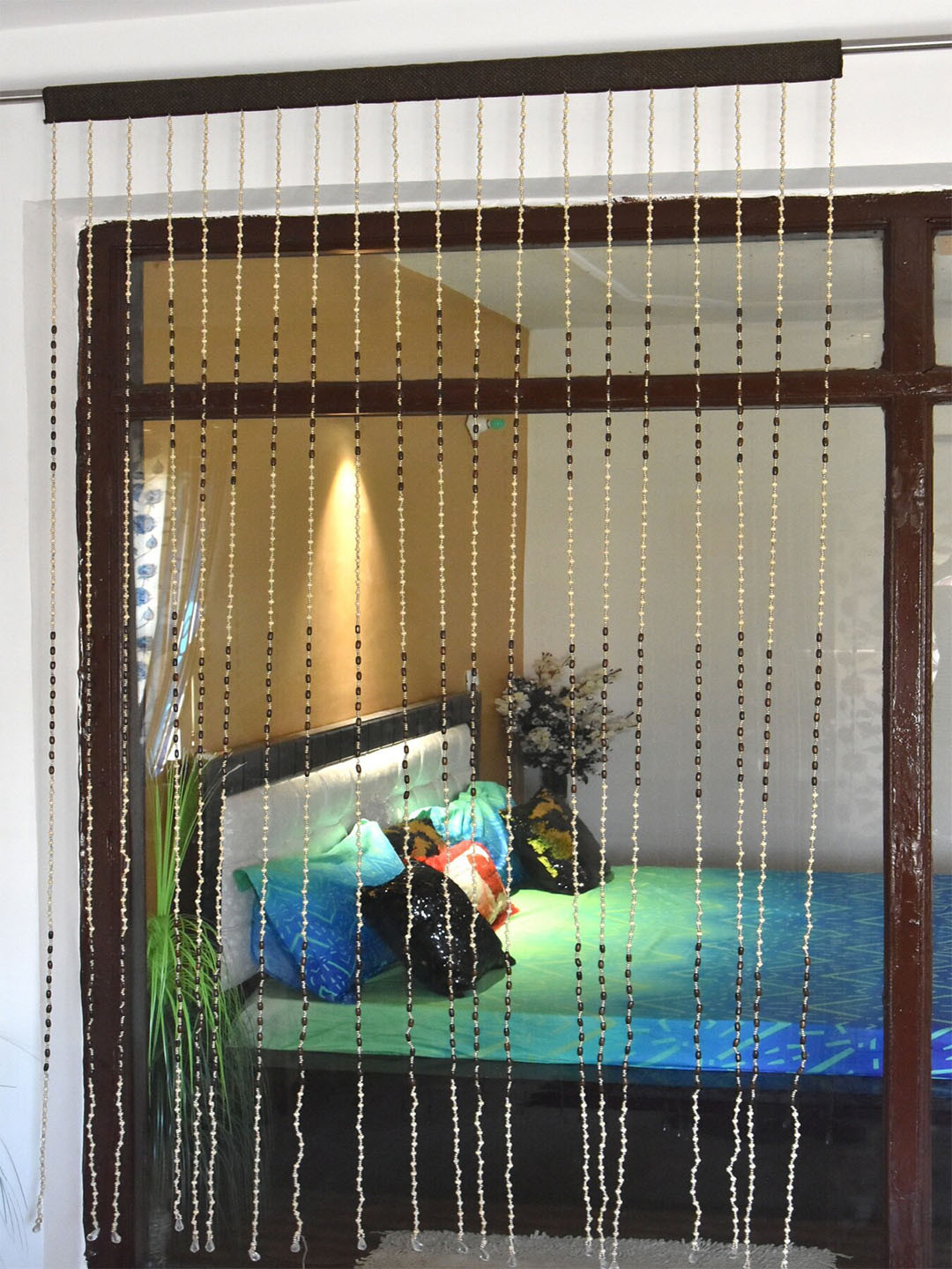 Homefab India Beige & Brown Wooden Beads String Long Door Curtain 9 feet