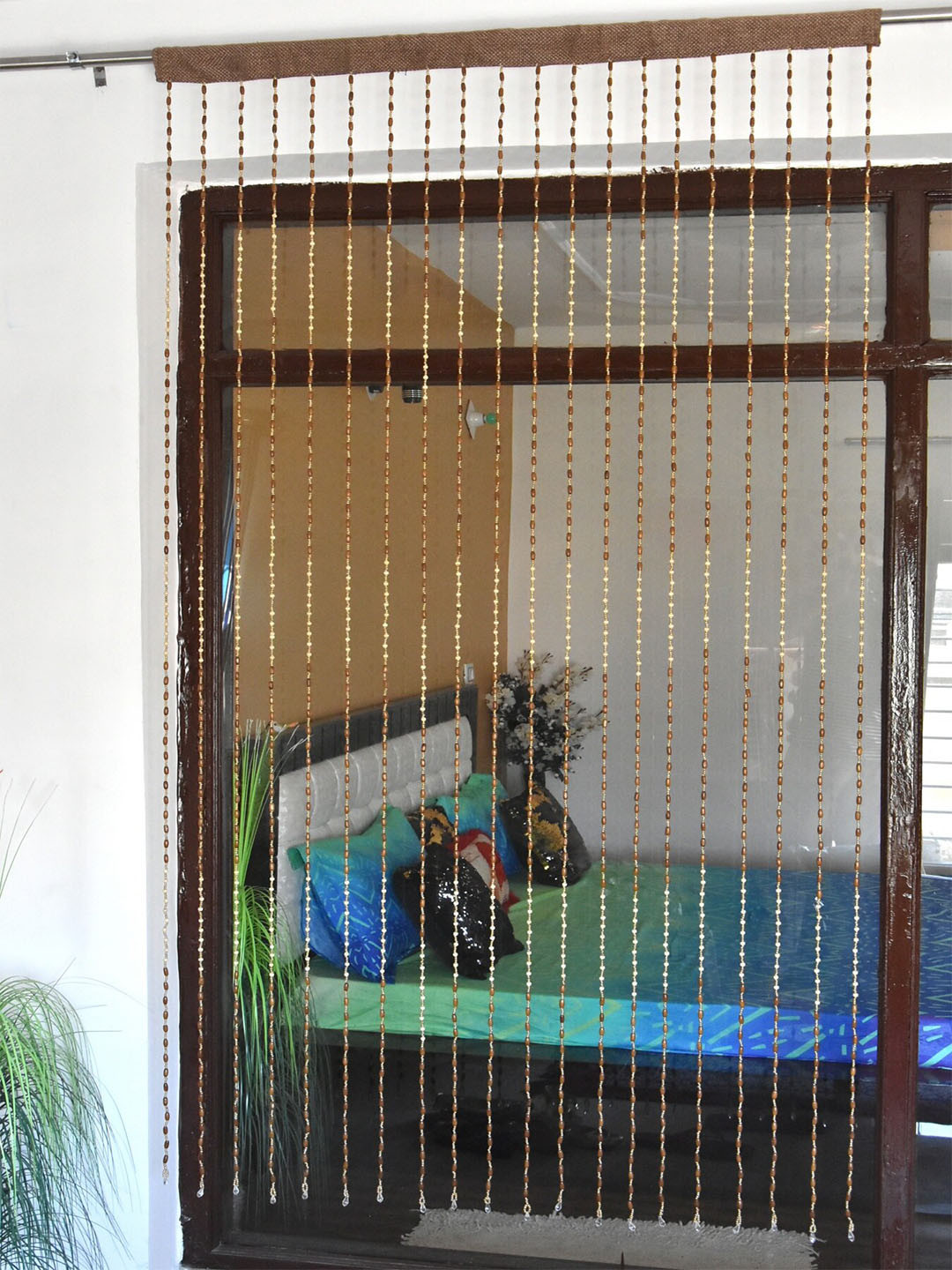 Homefab India Beige & Maroon Wooden Beads String Door Curtain 7 feet