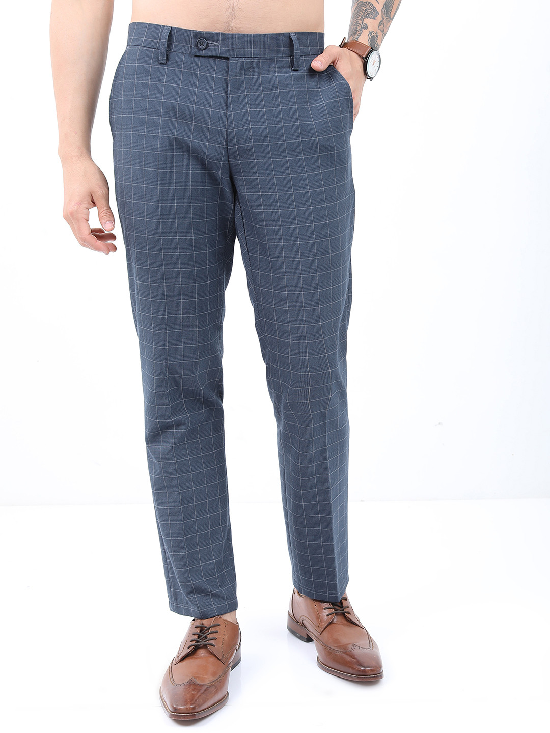 Highlander Men Elasticated Waistband and Turn Up Hem Smart Formal Slim Fit Trousers