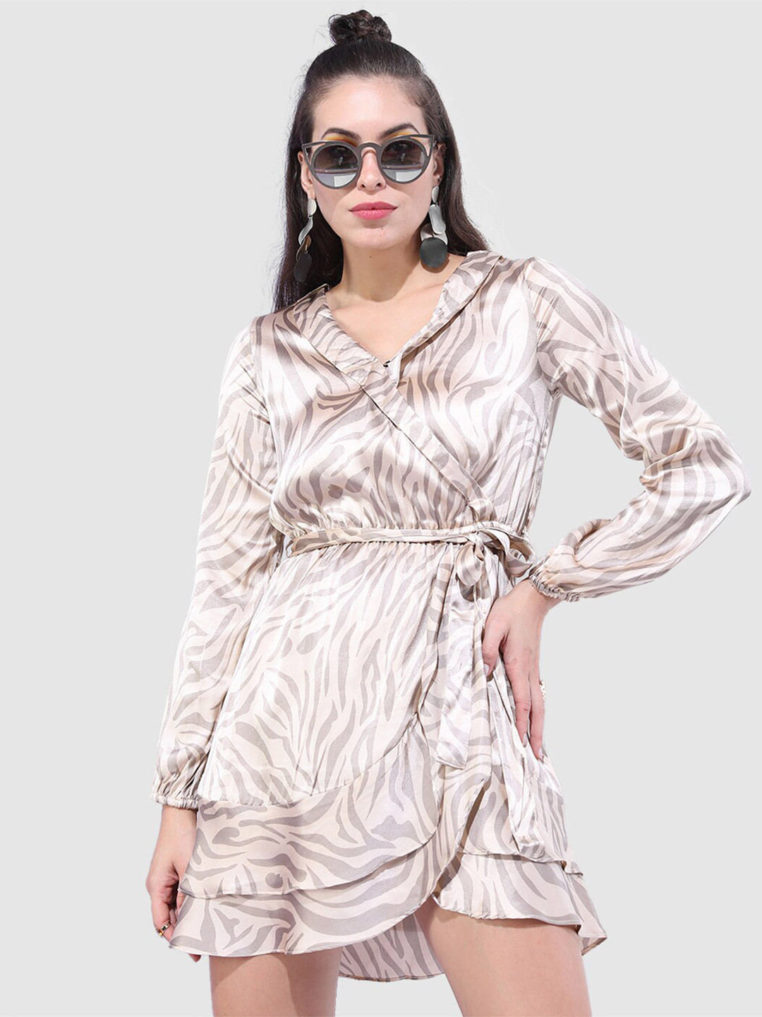 Freehand by The Indian Garage Co Beige Animal Print Mini Wrap Dress