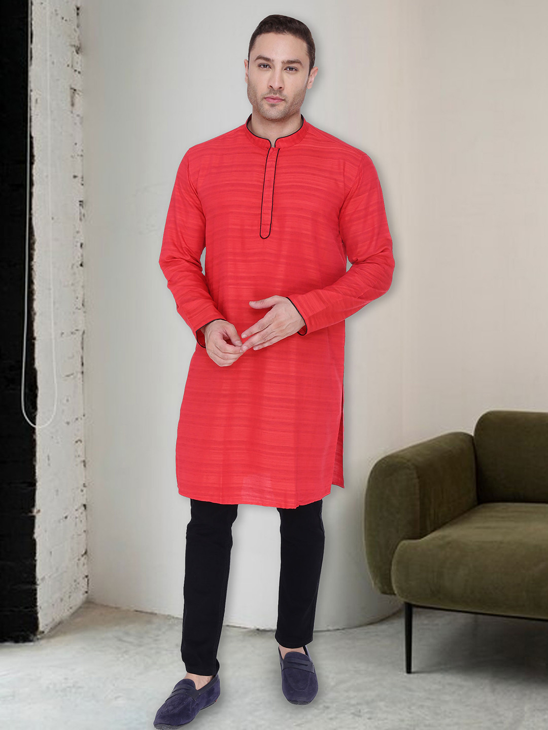 Kuons Avenue Men Maroon Pastels Cotton Silk Kurta