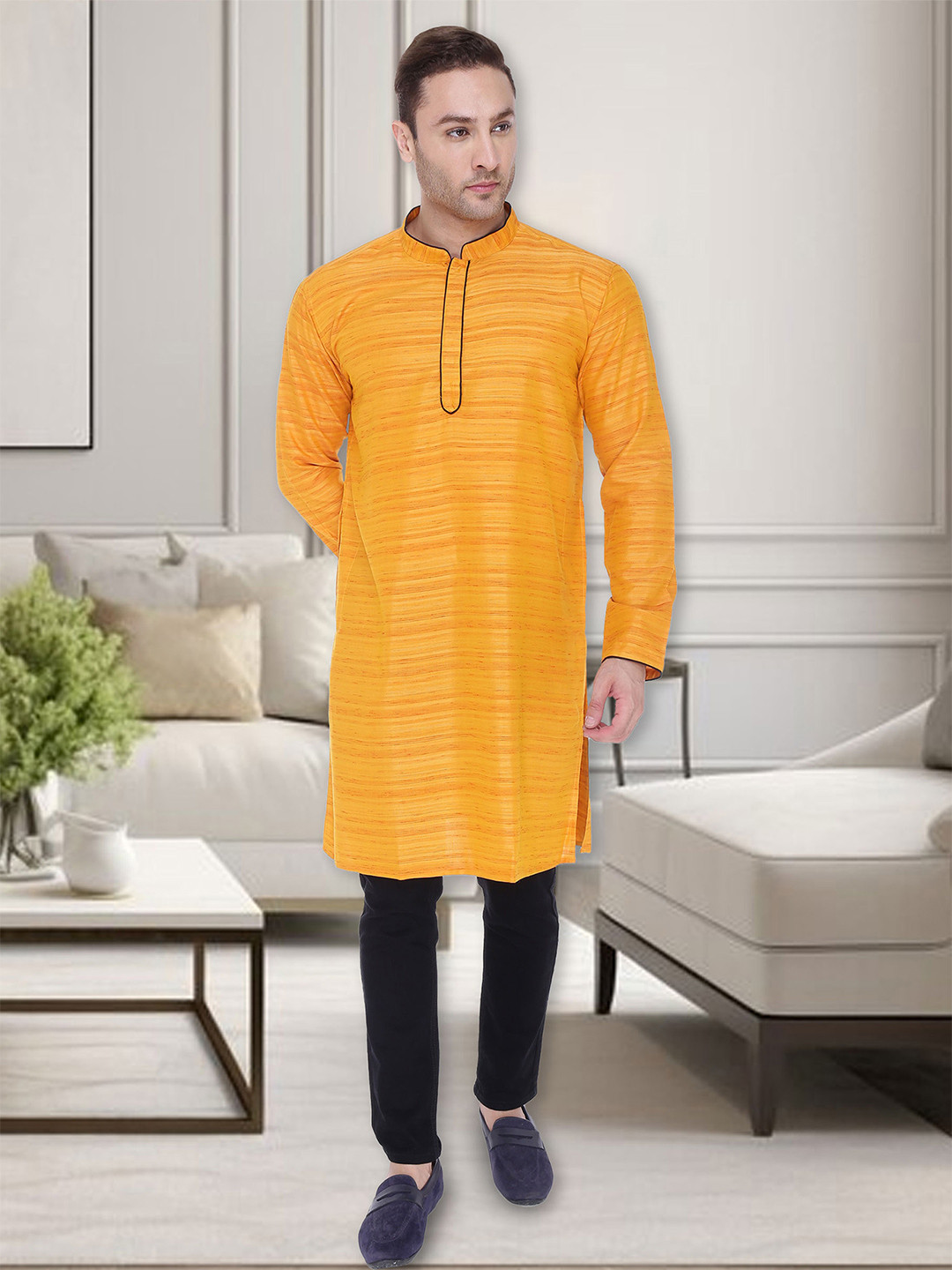 Kuons Avenue Men Yellow Pastels Cotton Silk Kurta