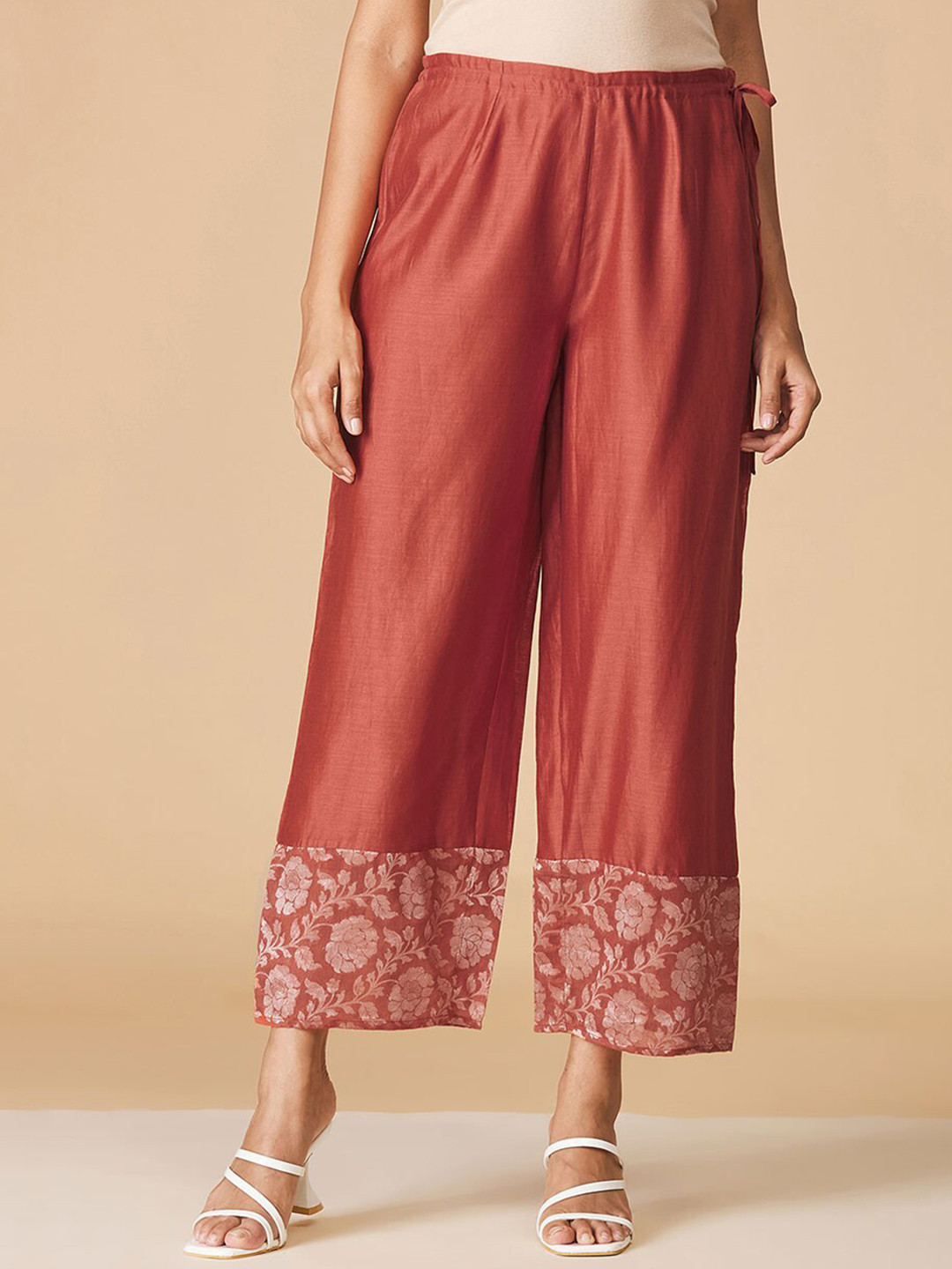 Fabindia Women Rust Floral Printed Original Trouser