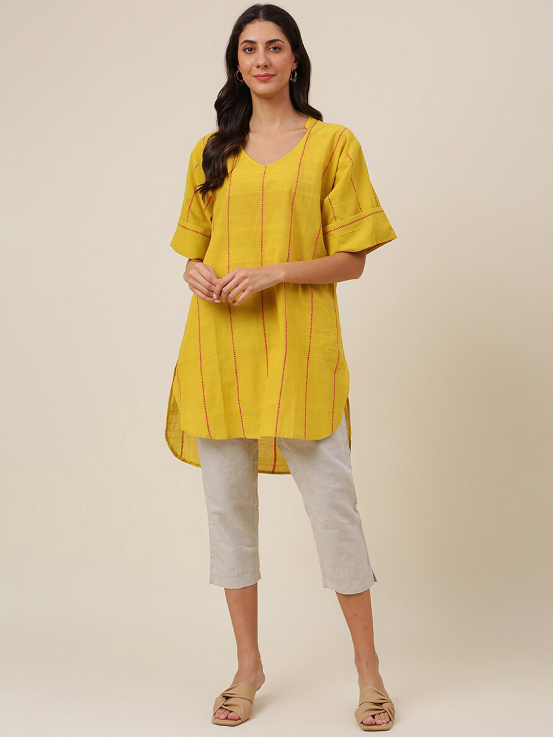 Fabindia Yellow Woven Design V-Neck Pure Cotton Kurti
