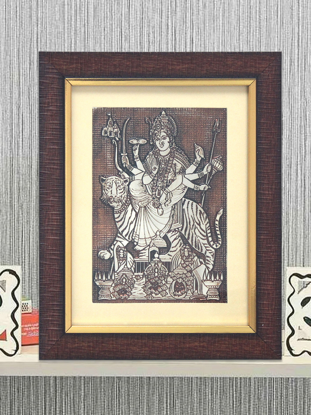 SHREE KALA HOME DECOR Brown Maa Bhavani Sherawali Foil Embossed Wall Art