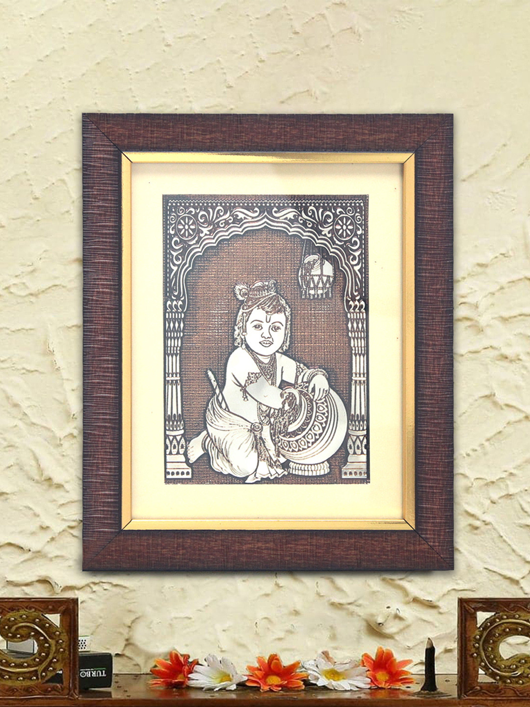 SHREE KALA HOME DECOR Brown Makhan Chor Laddu Gopal Shri Krishna Foil Embossed Painting Wall Art
