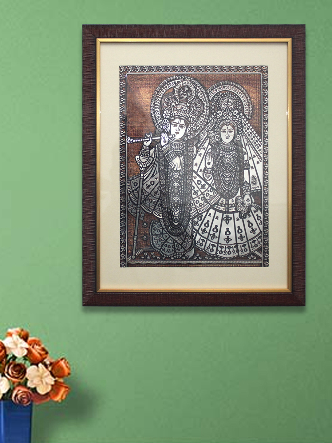 SHREE KALA HOME DECOR Brown Shree Radha Krishna Ashta Shakthi Madhavi Madhav Foil Embossed Painting Wall Art