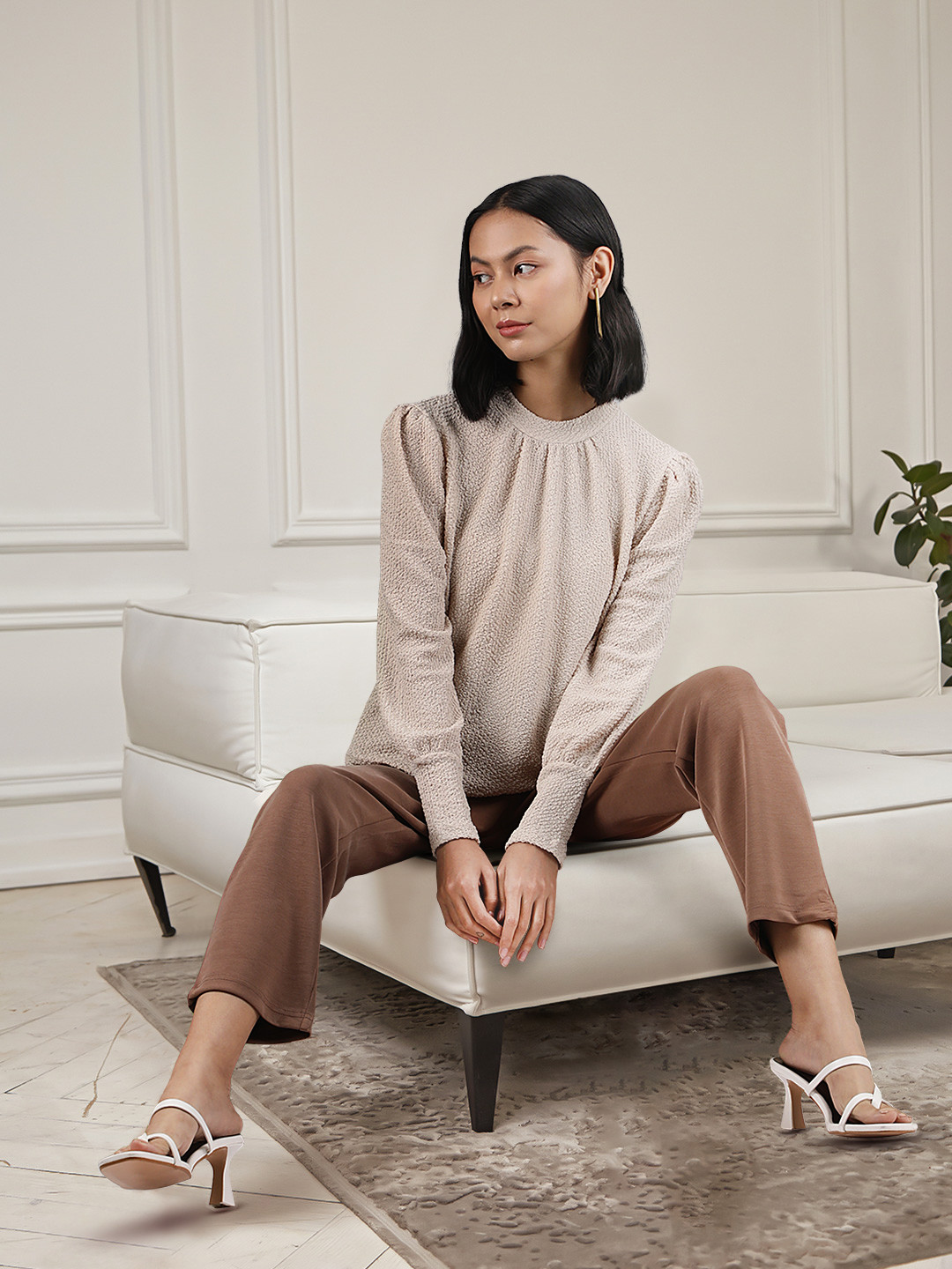 MANGO Textured Mandarin Collar Top