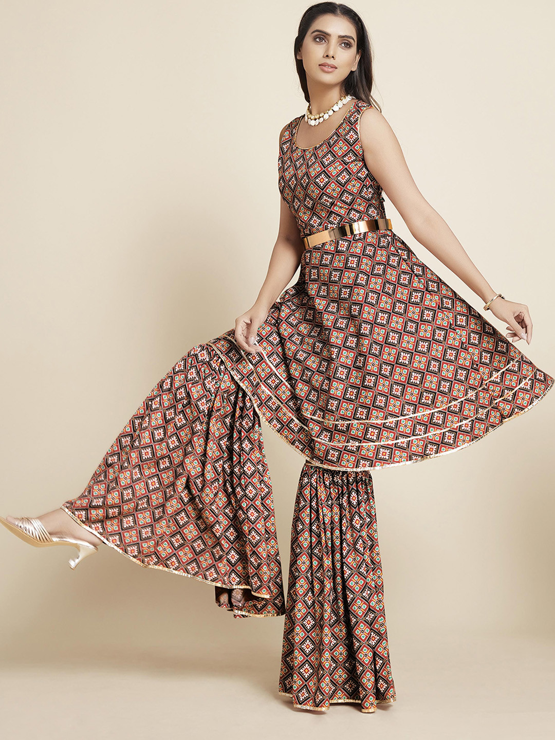 Sangria Women Black Ethnic Motifs Printed Pleated Kurti with Sharara